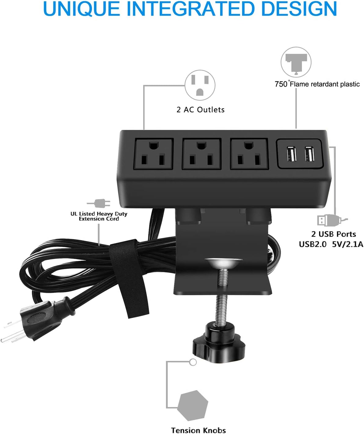 3 Outlet Desk Clamp Power Strip, Desk Mount USB Charging Power Station, Removable Desktop Power Center Plugs Output 125V 60HZ 12A 1500W, USB 5V 2.1A 6.56FT Cable: Home Audio & Theater