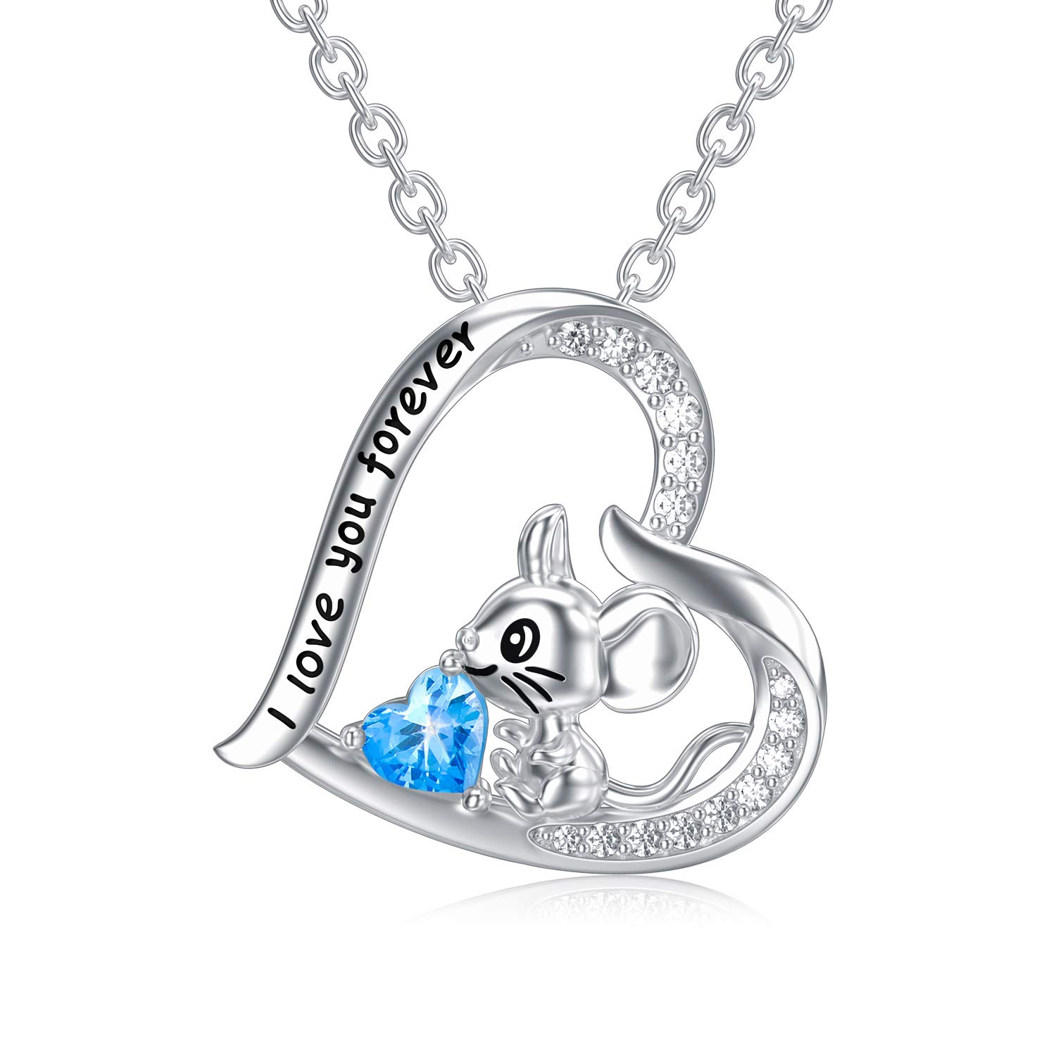 LONAGO Mouse Necklace 925 Sterling Silver I Love You Forever Mouse Holding Blue Heart Pendant Necklace for Women