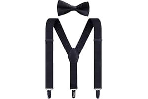 Pretishows Kids Suspenders and Bow Tie Set, Adjustable Elastic Y Back with Metal Clips Suspender for Boys