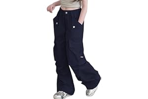 Ecolala Girls Cargo Parachute Pants Elastic Waist Wide Leg Streetwear Hip Hop Dance Trousers with Pockets