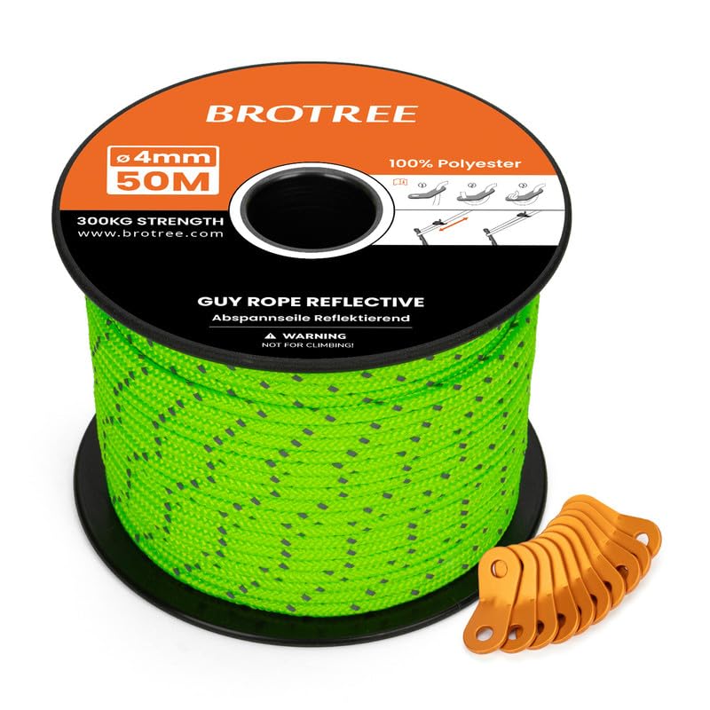 BROTREE Tent Guy Rope 4mm 50m Reflective Guy Line Heavy Duty Guide Rope with 10Pcs Aluminum Tensioners for Tent Gazebo Awning Camping (Neon Green)