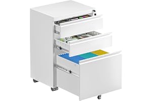 Bonusall 3 Drawer White File Cabinet, Fully Assembled Metal Rolling Filing Cabinet with Lock, Under Desk Drawer Filing Cabinets for Home Office Fit A4/Letter/Legal
