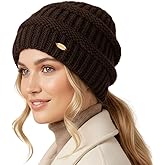 TOP-EX Women’s Winter Beanie Hat Chestnut Brown, Merino Wool Fleece Lined Knit Cap with Hidden Ponytail Hole and Detachable Faux Fur Pom, Warm Cozy Thermal Hat for Cold Weather Ski