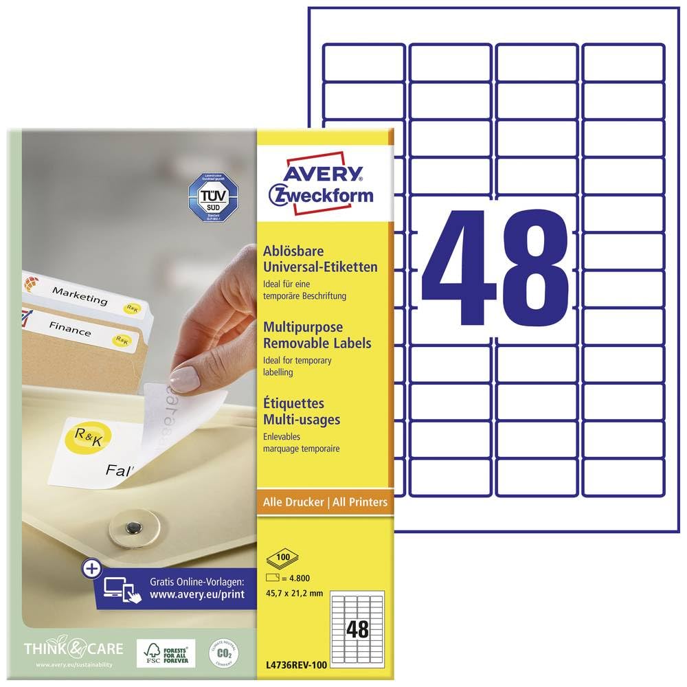 Avery Zweckform Multi-Purpose Removable Labels for All A4 Printers, 45.7 x 21.2 mm weiß (wiederablösbar)