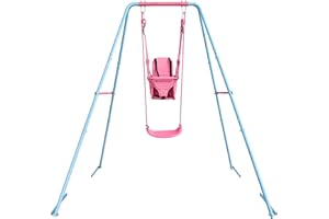 JYGOPLA 2-in-1 Toddler Swing Set with Metal Stand, Safety Belt & 4 Anchors - A-Frame Swing for Kids 6 Months+ (Pink, Indoor/Outdoor Backyard Playground)
