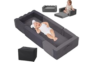 HAHASOLE Toddler Travel Bed, Portable Foldable Toddler Bed, Raised Safety Bumpers，Converts to Two Sofas, Removable Washable Chair Cover and Carrying Handle with Storage Bag (Gray)…