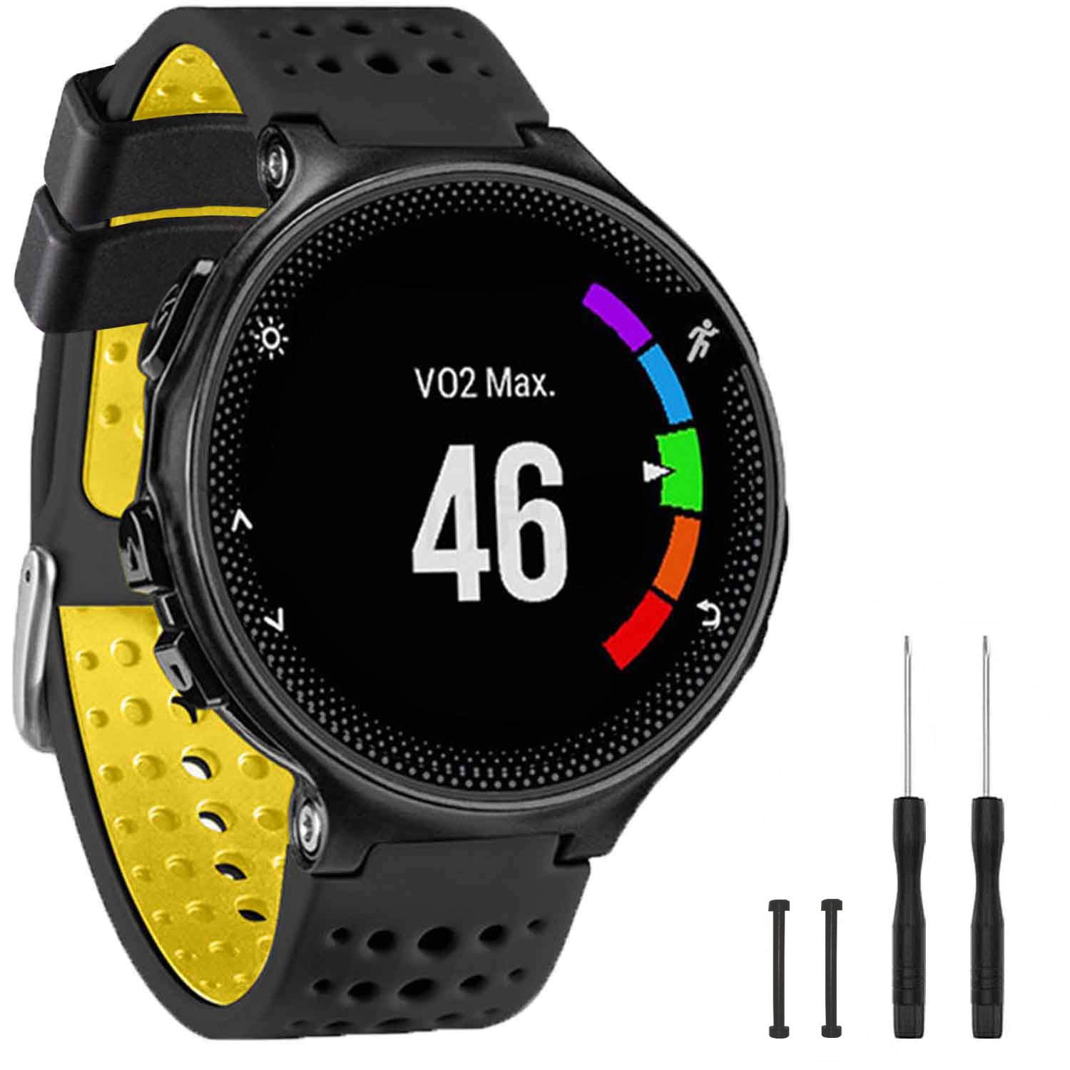 TopPerfekt Band Compatible with Garmin Forerunner 235, Soft Silicone Replacement Watch Band Strap Wristband for 220/230/235/620/630/735XT/235 Lite Smart Watch for Women Men (Black-Yellow)