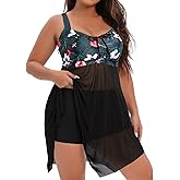 Daci Plus Size Swim Dress with Short for Women Mesh Tankini Swimsuits Flowy Two Piece Bathing Suits Black and Flower 22W
