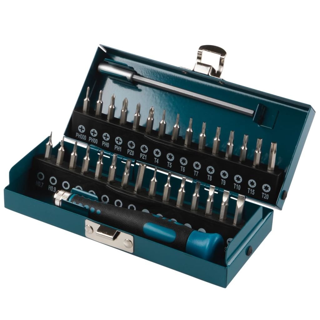 Wolfcraft Micro Bit Box for Small Screws, 32 Pcs. I 1389000 I Metal Cassette with 30 Precision Engineering Bits, 28 mm. Incl. Hand Screwdriver and Extension