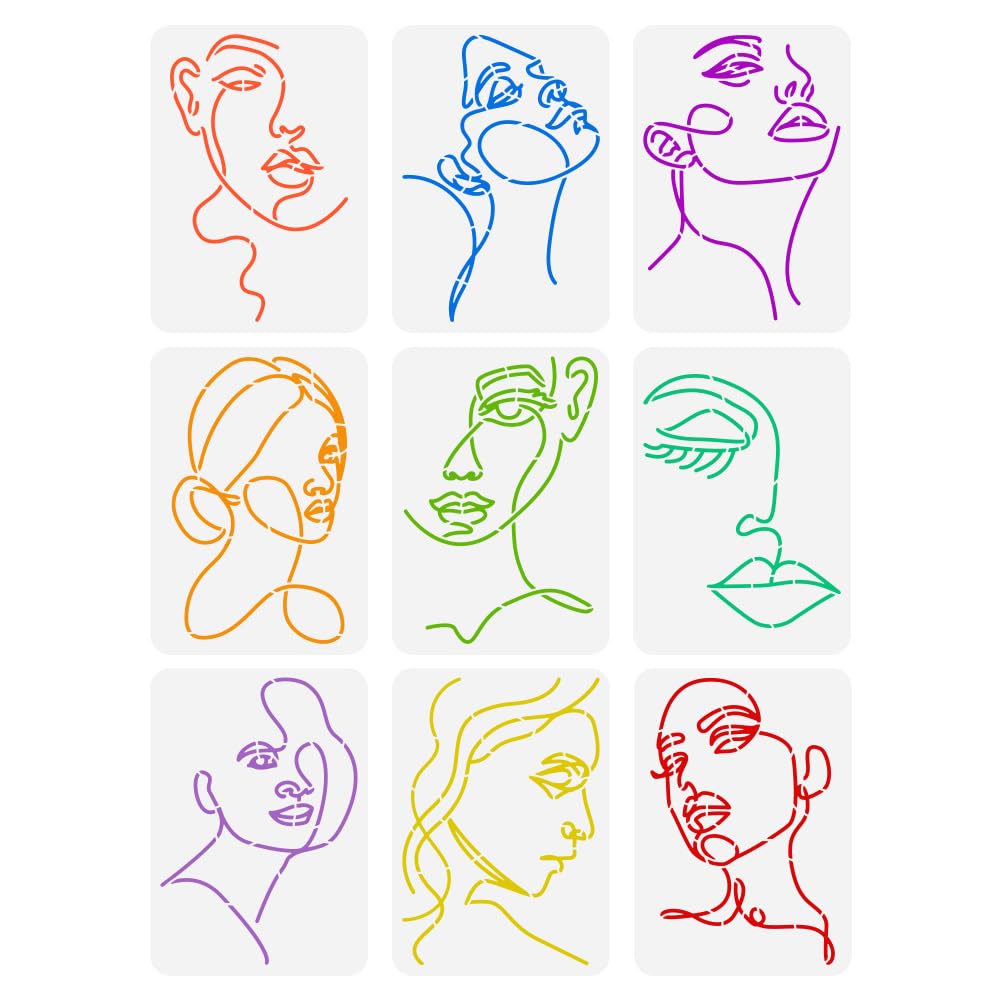FINGERINSPIRE 9PCS Lady Line Art Painting Stencil 21x29.7cm Woman Face Painting Template Minimalist Line Facial Features Stencil Character Theme Craft for Wall Wood Furniture