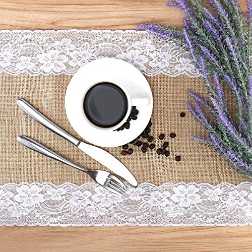 boyspringg Set of 10 Wedding Burlap Table Runners with White Lace Hem,12x108 Inch,Hessian Jute Rustic Country for Wedding Party Birthday Engagement Hotel Home Décor