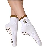 YBYBfit Women's Cute Grip Pilates Socks Non-Slip Crew Yoga Barre Socks with Colored cuff & Embroidery