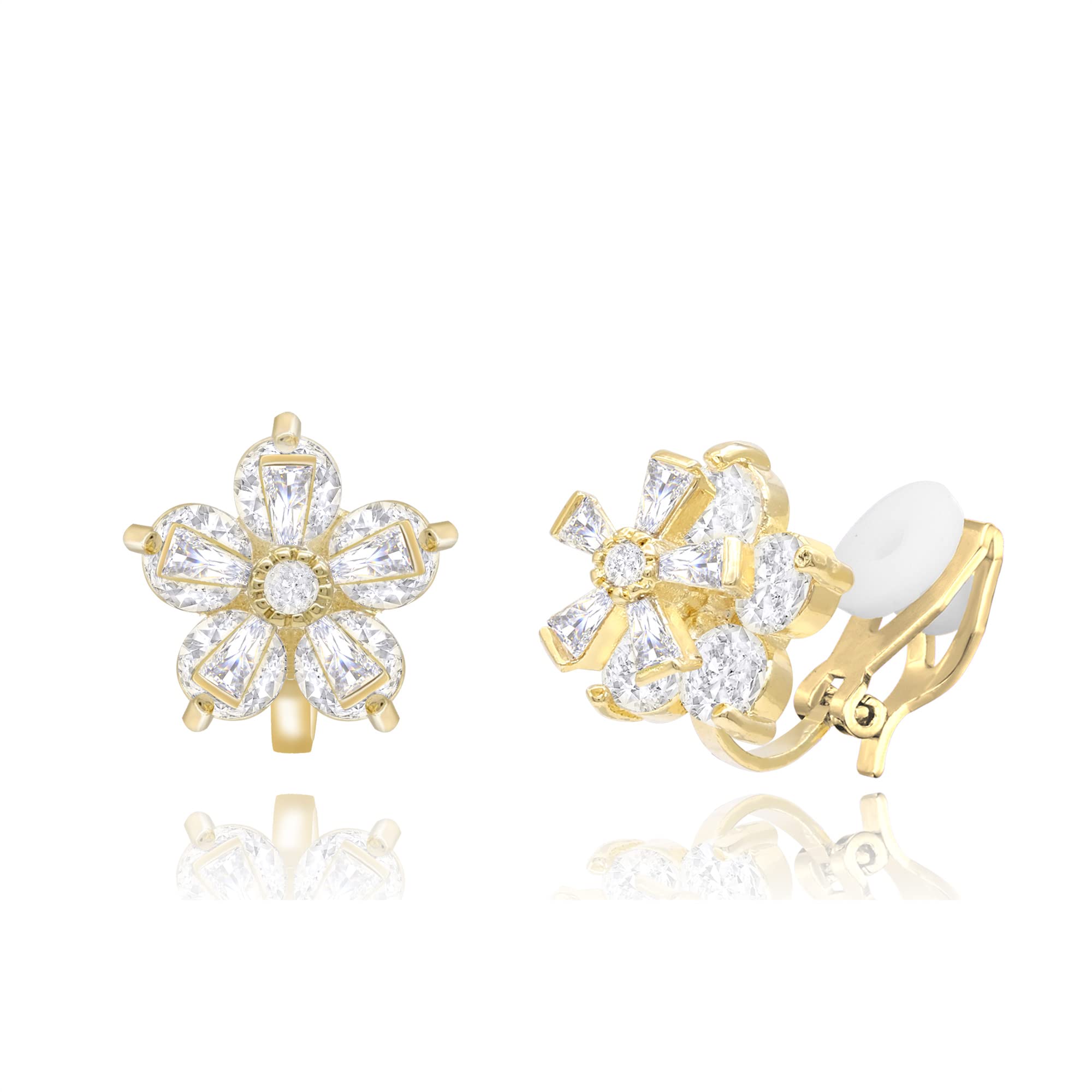 QUKE Flower Snowflake Shape Cubic Zirconia Crystal Golden Clip On Earrings Non Pierced Stud for Women Girls