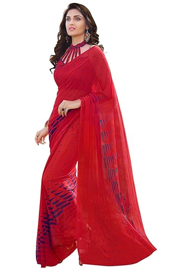 Shaily Red Color Printed Designer Georgette Saree With Blouse With Blouse Piece