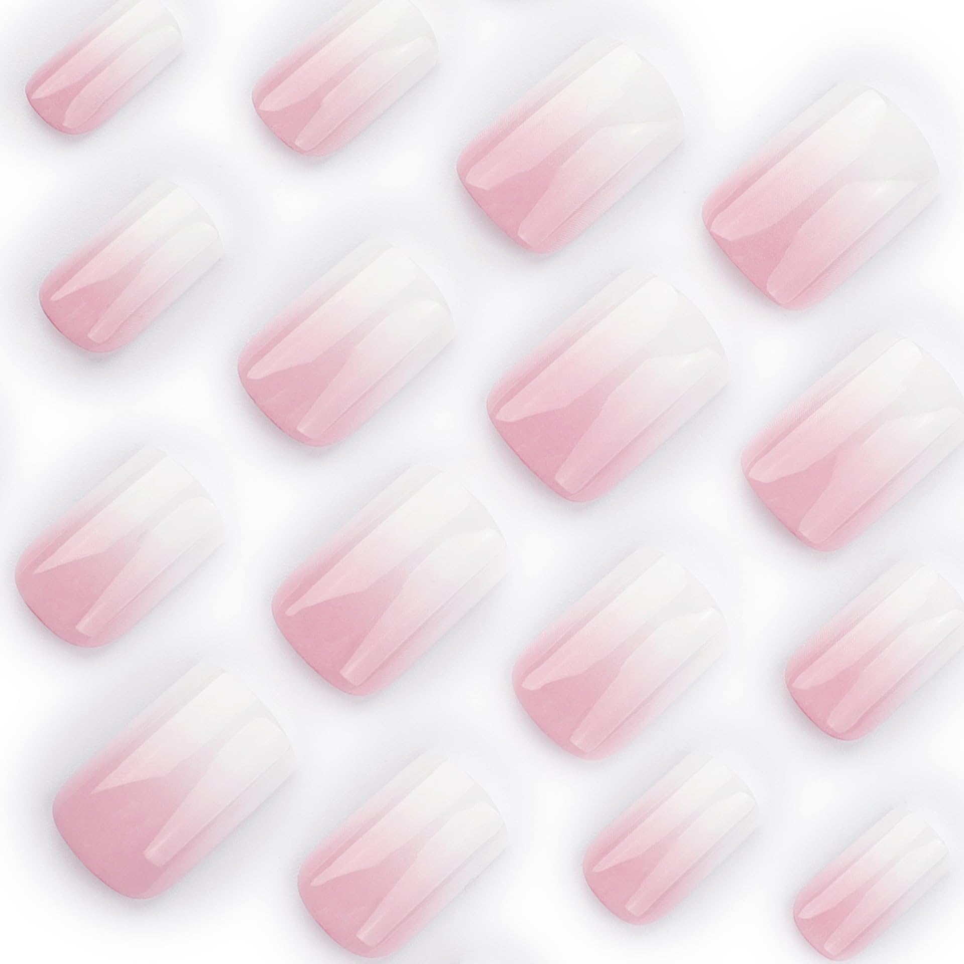 24Pcs Ombre Press on Nails Medium Square Acrylic Fake Nails Pink White Gradation Fake Nails Glossy False Nails Ombre Stick on Nails Full Cover Glue on Nails for Women Girls Nails Decoration - Image 4