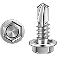 #8 x 1/2" Hex Washer Head Self Tapping Sheet Metal Screws with Drill Point, Stainless Steel 410, Self Drilling, 100 PCS