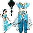 Girls Jasmine Costume Arabian Princess Jasmine Cosplay Costume with Wig Halloween Party Dress up Costume for Kids (150(9-10T))