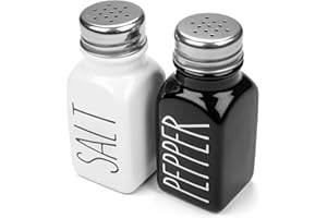 Heartland Home Farmhouse Ceramic Salt and Pepper Shakers Set with Extra Lids. 100% Stoneware Salt and Pepper Shaker Set. Black Pepper and White Salt Shaker with Lid x4. Kitchen Salt Pepper Shakers