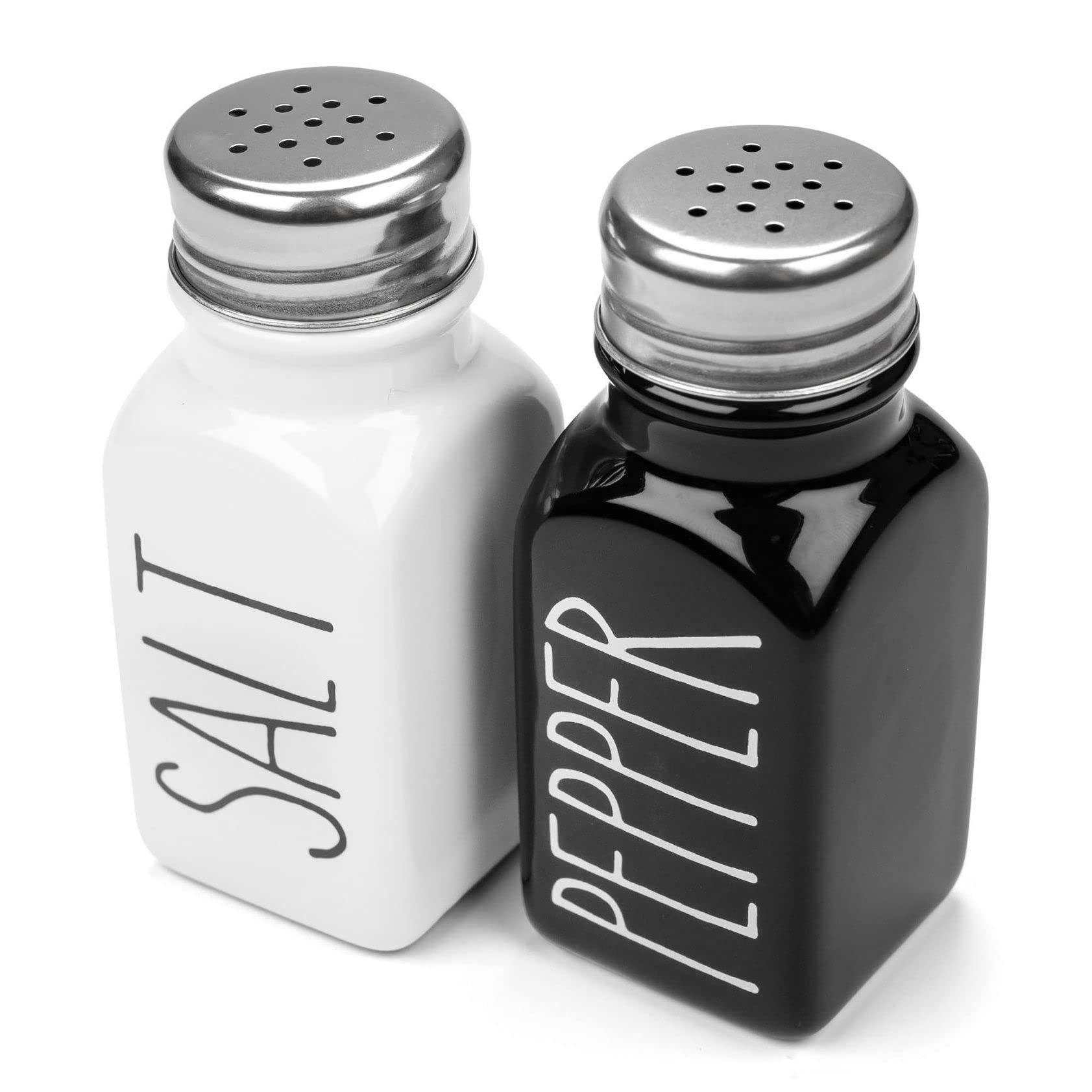 Heartland Home Farmhouse Ceramic Salt and Pepper Shakers Set with Extra Lids. 100% Stoneware Salt and Pepper Shaker Set. Black Pepper and White Salt Shaker with Lid x4. Kitchen Salt Pepper Shakers