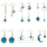 Blue Planet Earrings Dangle Asymmetrical Star Moon Earth Hook Earrings for Women Long Chain Stick Star Tassel Drop Earrings Universe Galaxy Solar System Earrings Jewelry Gifts 6 Pairs/set