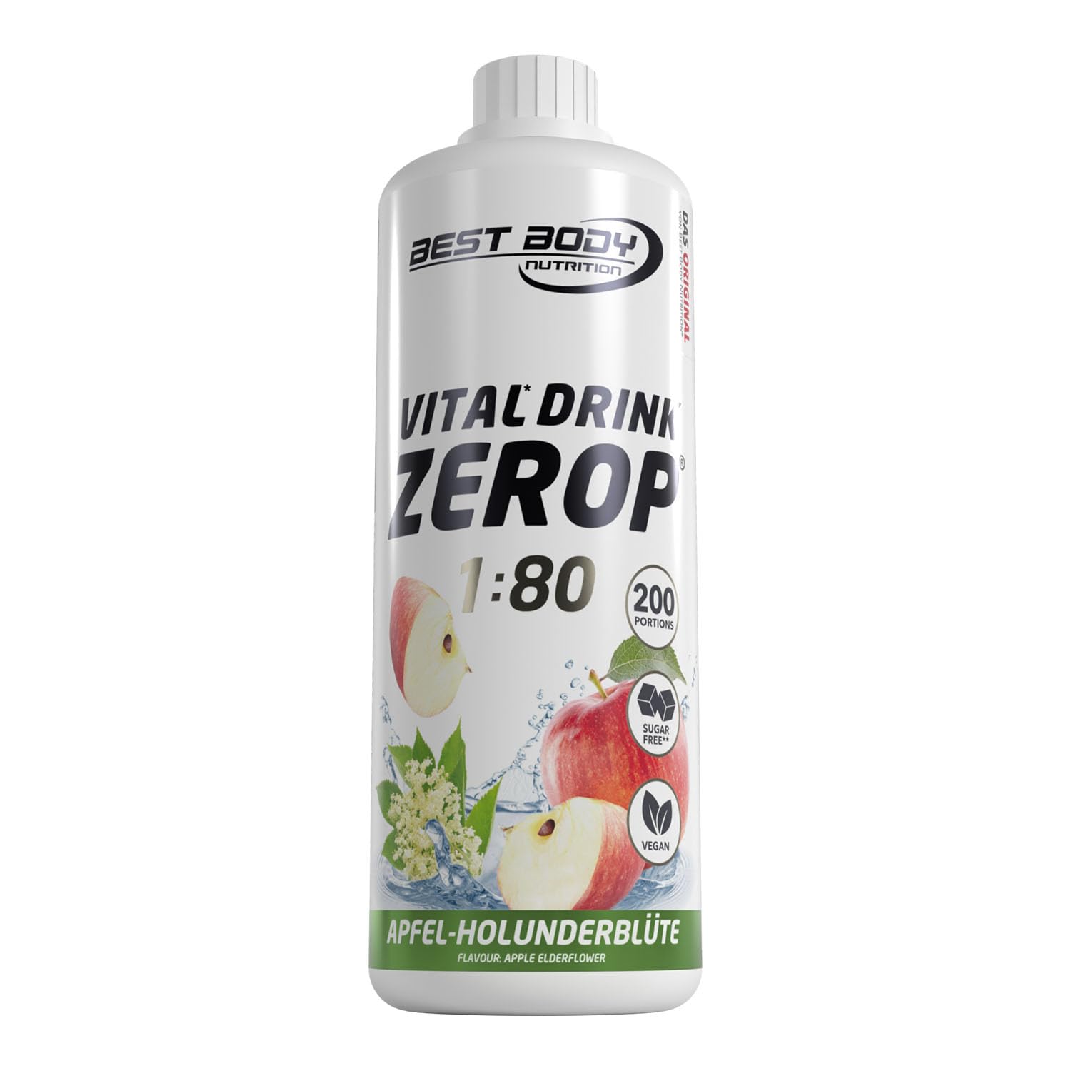 Best Body Nutrition ZEROP Vital Zuckerfreies Getränkekonzentrat Sirup Apfel-Holunderblüte Ohne Aspartam 1 L ergibt 80 L Getränk Fitness Drink mit Vitaminen B1 B6 Niacin Kalorienarm Wassersprudler