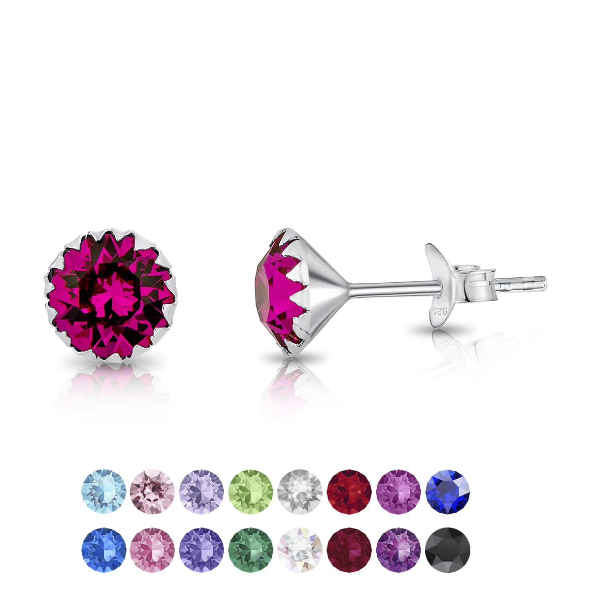 Fuchsia Earrings for Women - Stud Earrings 925 Sterling Silver with Fuchsia Crystals 6 mm - 925 Silver Round Studs