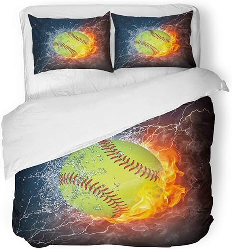 Amazon Com Emvency Decor Duvet Cover Set Full Queen Size Orange Softball Baseball Ball On Fire And Water 2d Graphics Computer Design Red Run 3 Piece Brushed Microfiber Fabric Print Bedding Set Cover Kitchen