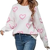 VFURYGD Women Cute Heart Sweater Love Print Valentine Romantic Knitted Top Crewneck Long Sleeve Sweaters Pullover
