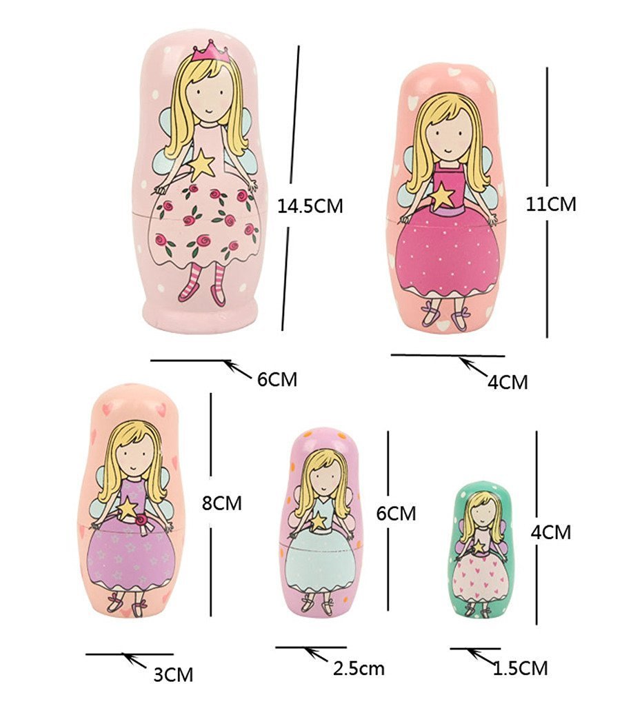 Cute Lovely Angel Princess with Pink Purple Green Dress Handmade Nesting Dolls Matryoshka Dolls Russian Dolls Set 5 Pieces Kids Girls Gifts Toy Home Decoration
