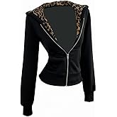 RoseSeek Women's Cheetah Fleece Hoodies Zip Up Long Sleeve Sweatshirts Y2k Slim Fit Fall Tops