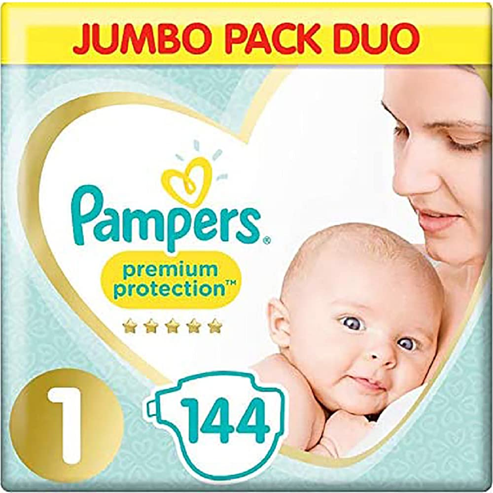 Pampers Baby Nappies Size 1 (2-5 kg / 4-11 lbs) Premium Protection,(New Baby),144 Count, JUMBO PACK DUO, Baby Essentials For Newborn