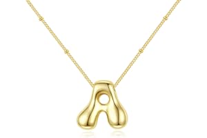 Rhinelife Letter Necklace Bubble Initial Pendant Necklaces for Women Cute Alphabet 14K Gold Plated Design Balloon Puffy Name Personalized Teen Jewelry