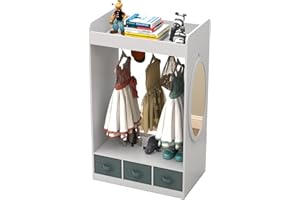 GUANGSHUOHUI Kids Costume Organizer,Costume Rack, Kids Dress up Storage with Mirror and Storage Bin,Open Hanging Kids Play Armoire Dresser with Mirror,Pretend Storage Closet for Kids,Costume Storage Dresser-WHITE