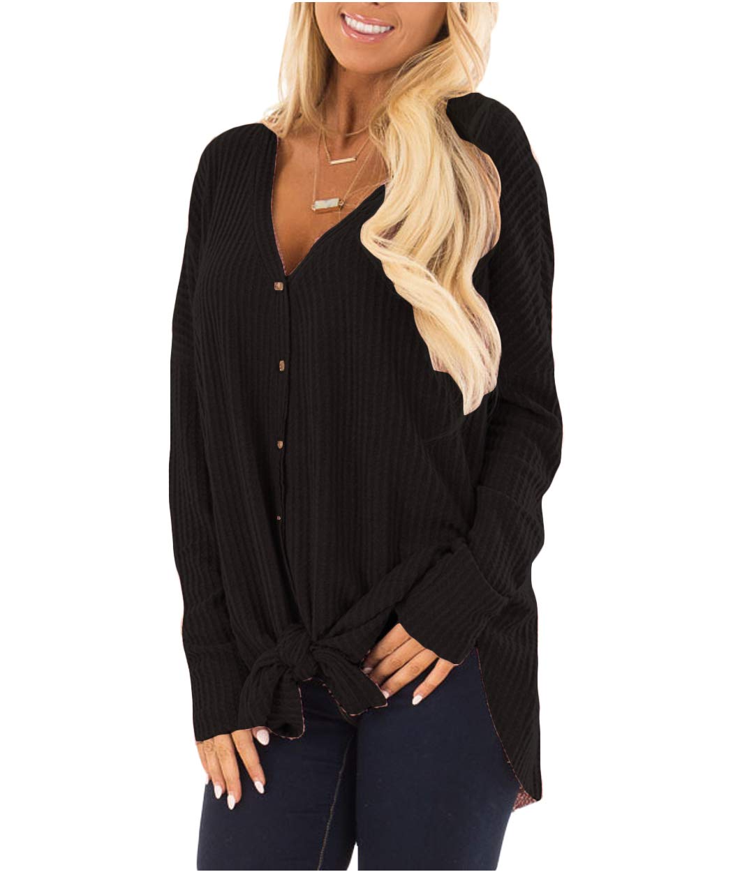 Eanklosco Tie Knot Tops Womens Waffle Knit V Neck Blouse Button Down Long Sleeve Henley Shirt (Black, M)