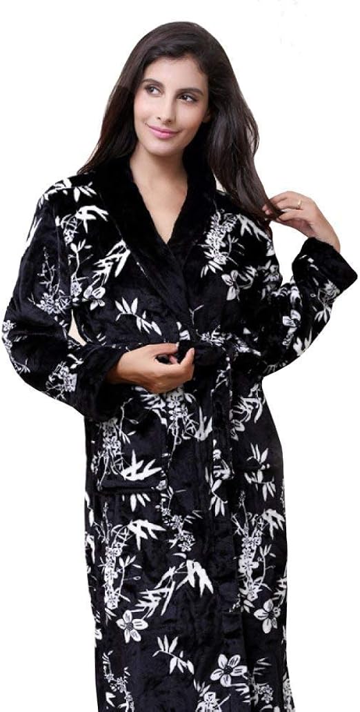 Targogo Dressing Gown Ladies Warm Nightgown Printed Pockets with Vintage with Belt Long Sleeve