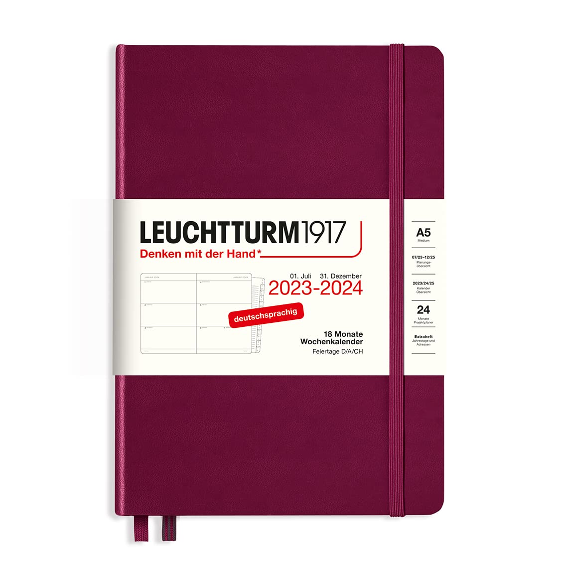 LEUCHTTURM1917 367599 Weekly Planner Medium (A5) 2024, 18 Months, Port Red, German