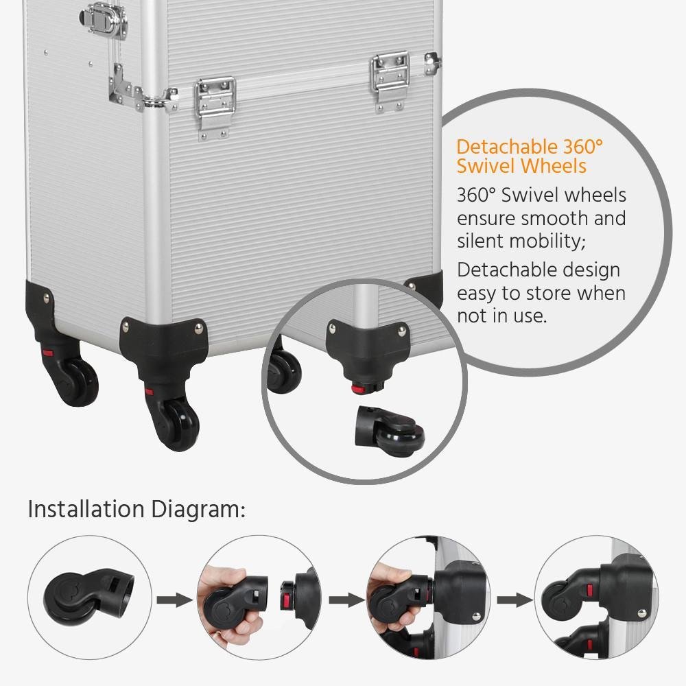 Yaheetech 3 in 1 Professional Aluminum Rolling Makeup Trolley Artist Train Case Cosmetic Organizer Makeup Case(4 wheeler accessories) Silver