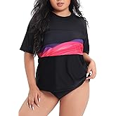 Halcurt Women's Plus Size Rash Guard Short Sleeve Swim Shirts Loose Fit UPF50+ Sun Protection Swimsuit Top Only