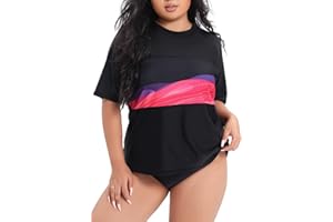 Halcurt Women's Plus Size Short Sleeve Rash Guard Swim Shirts Top Only Loose Fit Swim Tee UPF50+ Swimsuit