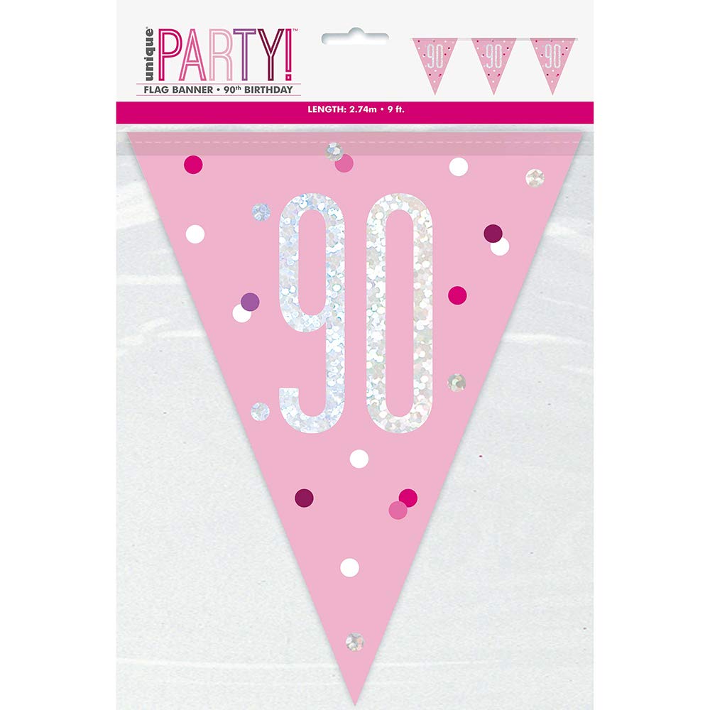 Unique 83458 Pink Plastic Pennant Banner-9' Silver | 1 Pc, Age 90