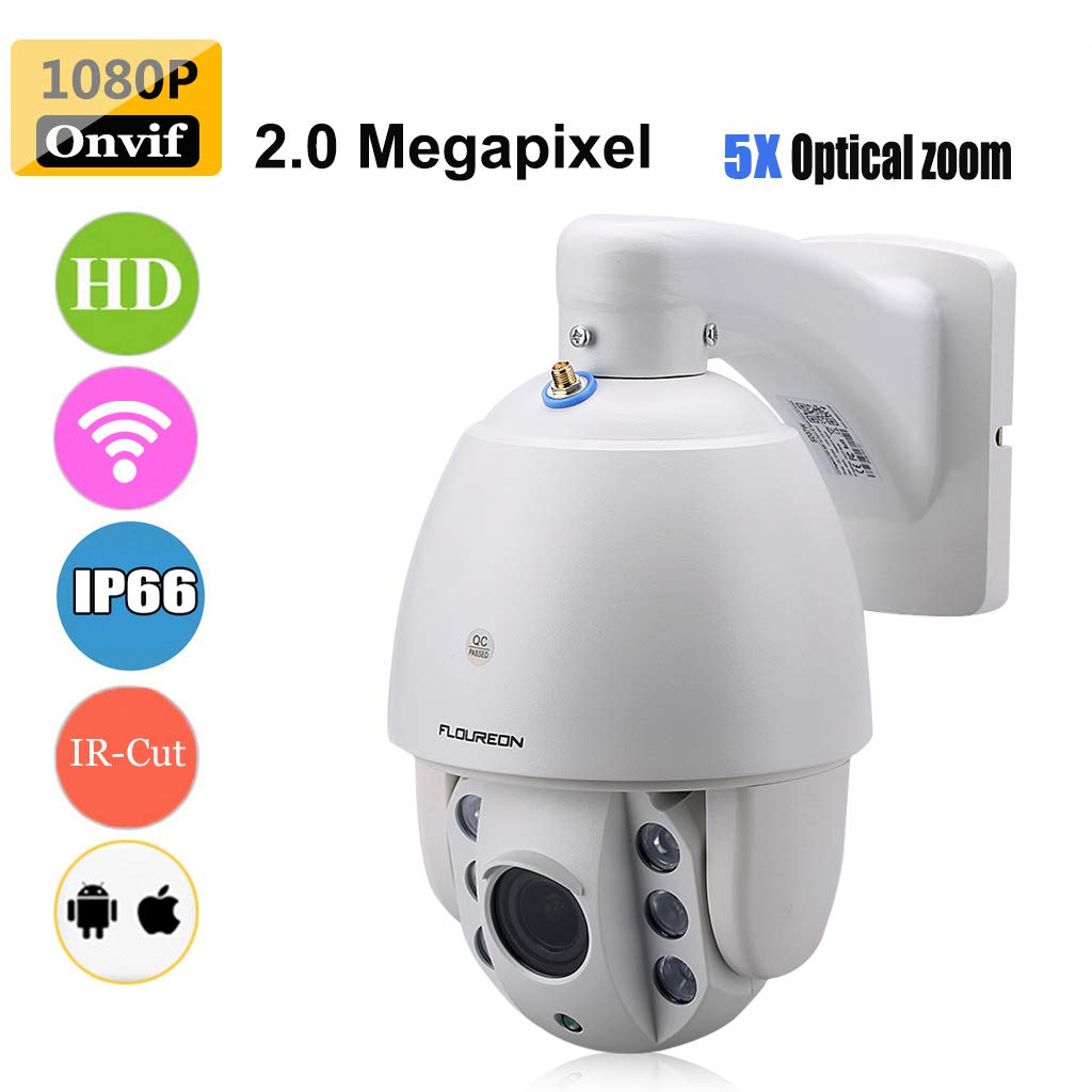 FLOUREON PTZ WiFi IP Camera 1080P HD H.264 Wireless Waterproof CCTV Security Dome Camera 5X Zoom Auto-Focus, 355°Pan/90°Tilt, IR-Cut Night Vision, Motion Detection, Micro SD Card Slot (SD37W)
