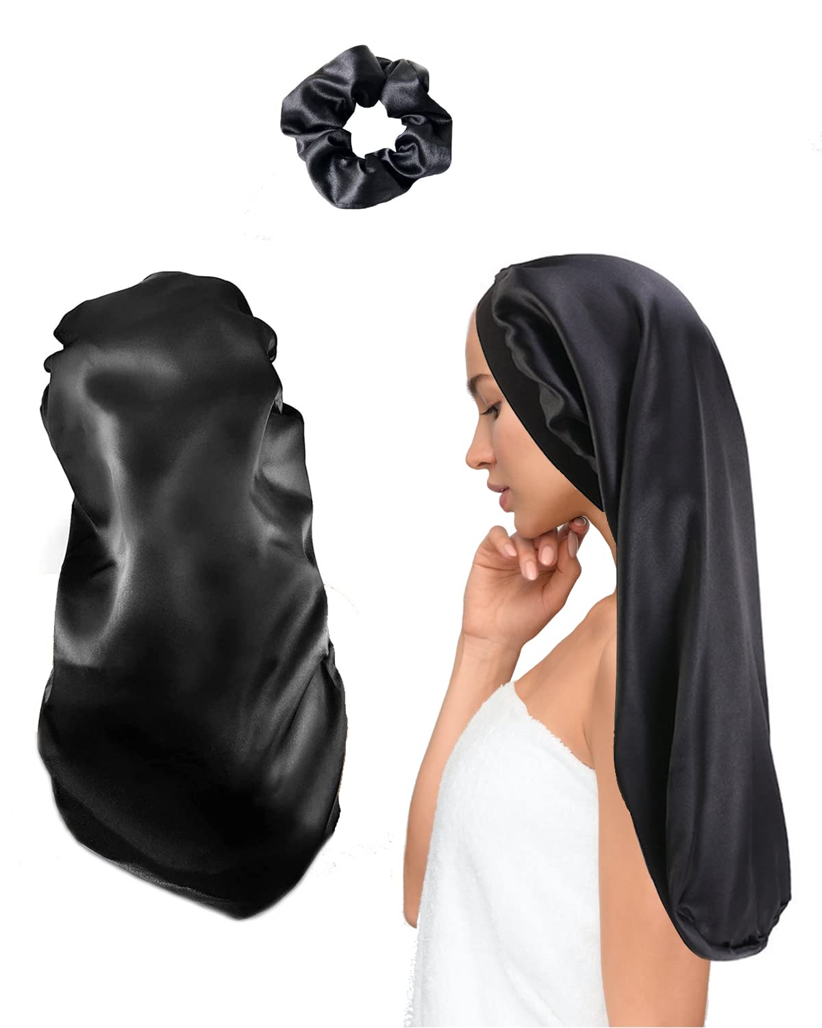 MUFEKUM 3pcs Satin Bonnets for Long, Curly, Black Hair - Wide Band, Soft Elastic, Night Sleep Cap