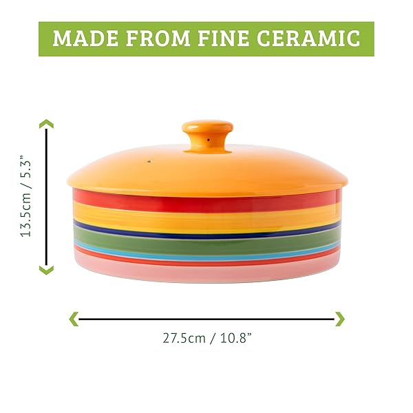 CHEF TACOS CERAMIC TORTILLA WARMER WITH LID, COLORFUL HOLDER, RAINBOW STORAGE CONTAINER FOR ROTI, PANCAKES (10-INCH, 25.4 CM)