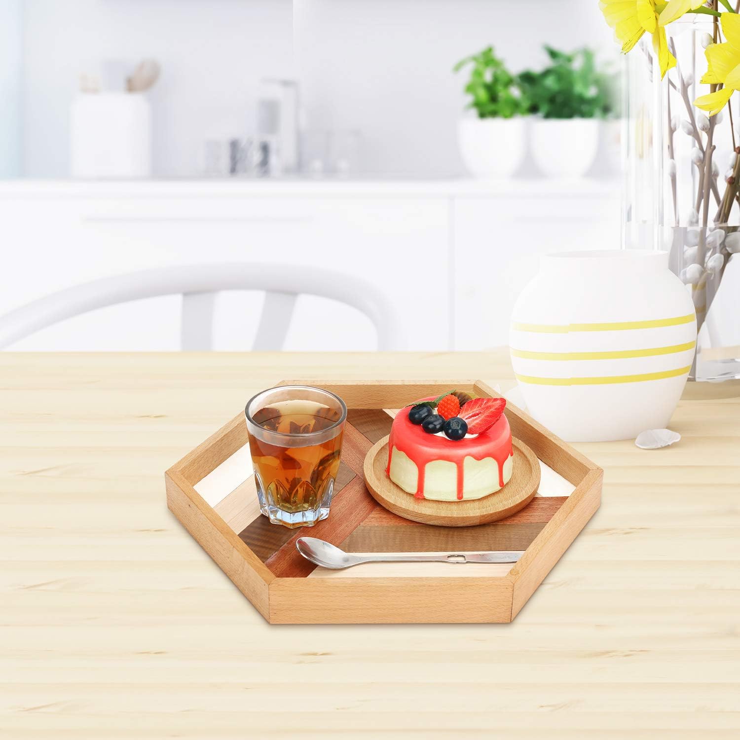 QUEENSDOWN 34cm x 29cm X 3cm Hexagon Serving Tray Wooden Handmade - Image 5