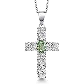 Gem Stone King 925 Sterling Silver Lab Grown Diamond and Green Sapphire Cross Pendant Necklace for Women | 2.55 Cttw | Gemstone April Birthstone | Oval 6X4MM | With 18 Inch Chain