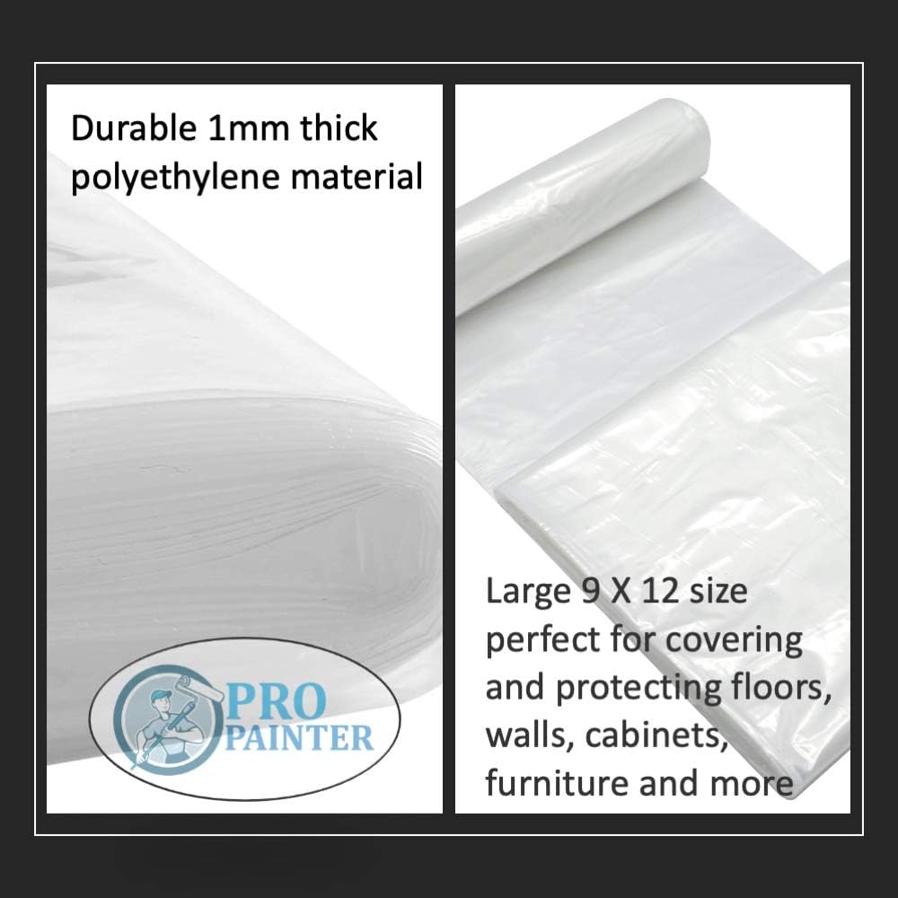 Drop Cloth (3 Pack), Pro Painter 9 Feet x 12 Feet Clear Plastic Drop Cloth 1mm Thickness, Waterproof, Lightweight Plastic Tarp, Painting Tarp, Plastic Cover Sheet for Furniture Floors Patio Workshop - - 