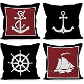 Liosei Vintage Coastal Nautical Decorative Throw Pillow Cover, Nautical Gifts, Ocean Coastal Black and Red Anchor Boat Pillow Covers for Home Room Bed Sofa Decor, 18x18 Inch Set of 4