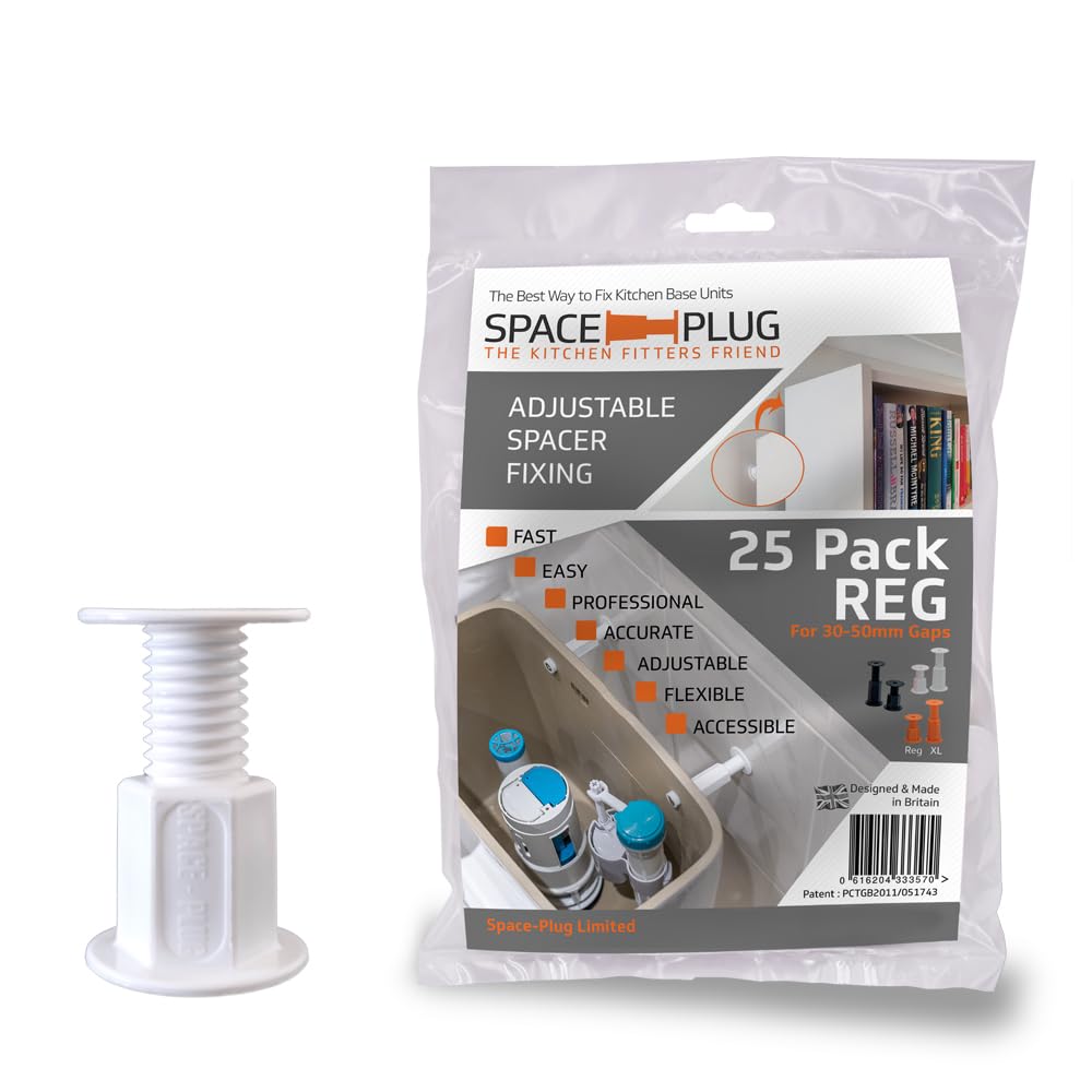Space-Plug Adjustable Spacer Fixings (Regular size for 30-50mm gaps), 25 Pack of Brilliant White Spacers, Professional & DIY use for kitchen, bedroom, bathroom & furniture installations