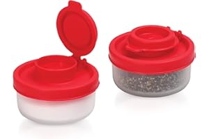 SIGNORA WARE SIGNORAWARE Salt and Pepper Shakers Moisture Proof Set of 2 Small Mini Salt Shaker to go Camping Picnic Outdoors Kitchen Lunch Boxes Travel Spice Set Clear with Red Covers Plastic Airtight Dispenser