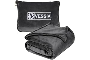 Vessia Grey Travel Blanket for Airplane, Train and Car, Warm Soft Travel Blanket in Bag with Luggage Sleeve and Backpack Clip, Portable Compact Long Flight Essentials for Adults and Kids